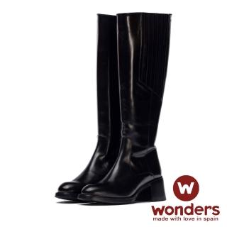 【GEORGE 喬治皮鞋】WONDERS-真皮百褶彈力切口中跟長靴 -黑 332022GZ10