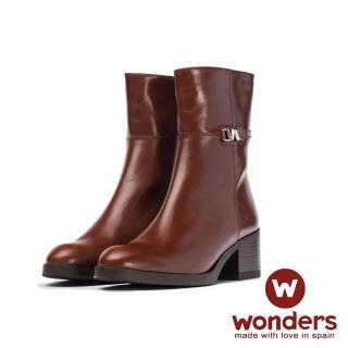 【GEORGE 喬治皮鞋】WONDERS-真皮素面LOGO飾釦粗跟拉鍊中筒靴 -棕332018GZ24