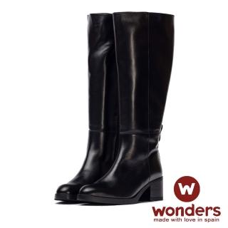 【GEORGE 喬治皮鞋】WONDERS-真皮素面側V切口粗跟拉鍊長靴 -黑 332020GZ10