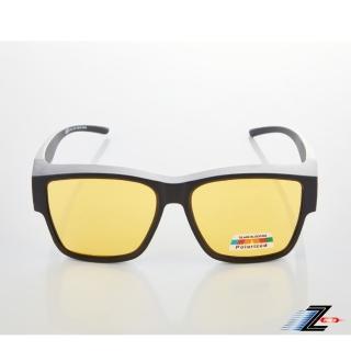 【Z-POLS】夜用黃加大型方框套鏡 頂級消光霧黑框搭Polarized黃偏光抗UV400包覆式太陽眼鏡(有無近視皆可用)