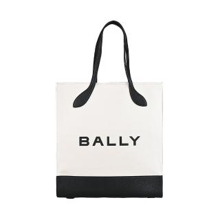 【BALLY】BALLY Bar燙印黑字LOGO設計帆布拼接牛皮手提托特包(白x黑)