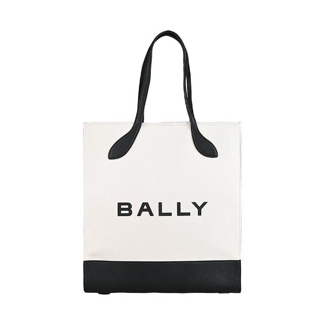 【BALLY】BALLY Bar燙印黑字LOGO設計帆布拼接牛皮手提托特包(白x黑)