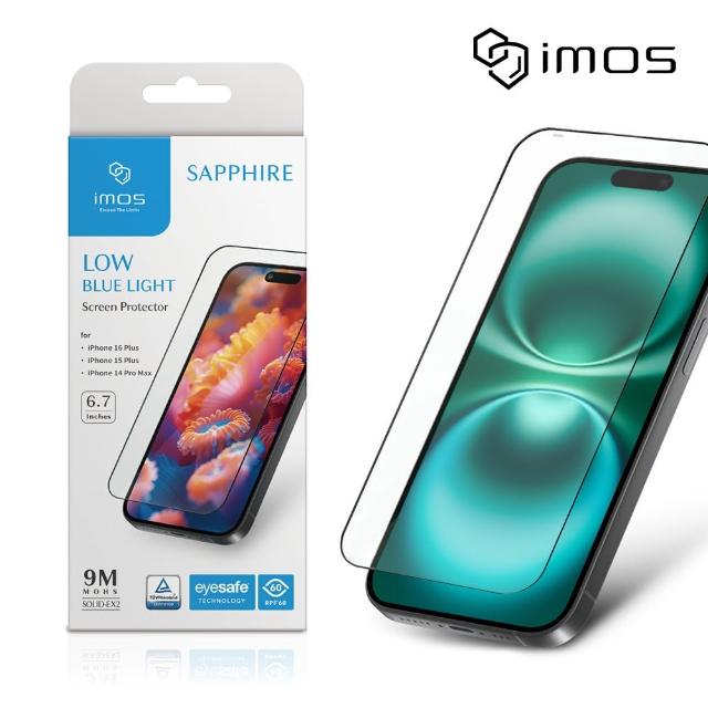 【iMos】iPhone 16 Plus/15 Plus/14 Pro Max 6.7吋 9M滿版黑邊RPF60低藍光螢幕保護貼(人造藍寶石)