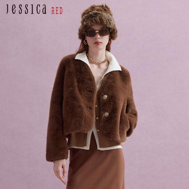 【Jessica Red】高雅百搭素色V領仿皮草短版外套（咖）R44C00