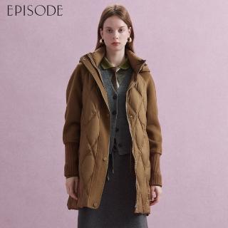 【EPISODE】百搭保暖立領滿版菱格紋羊毛拼接羽絨長版外套（綠）E44C26