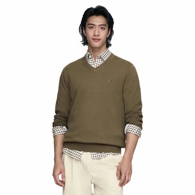 Tommy Hilfiger TOMMY 經典V領Logo針織毛衣 上衣-墨綠色(平輸品/秋冬舒適)