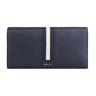 【BALLY】BALLY Ribbon字母燙印LOGO藍白藍條紋小牛皮8卡對折長夾(深藍)