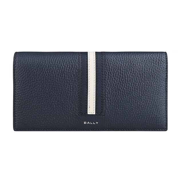 【BALLY】BALLY Ribbon字母燙印LOGO藍白藍條紋小牛皮8卡對折長夾(深藍)