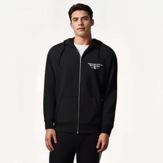 【Abercrombie & Fitch】A&F 麋鹿 AF 經典刺繡麋鹿素面內刷毛連帽外套-黑色(平輸品/保暖舒適)