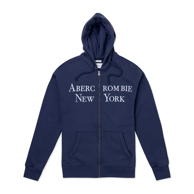 Abercrombie & Fitch A&F 麋鹿 AF 經典刺繡圖案內刷毛連帽外套-深藍色(平輸品/秋冬舒適)