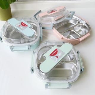 【Cookee】圓形帶蓋304不銹鋼飯盒 密封便當盒 帶餐具三格學生 交換禮物(午餐盒 保鮮盒 食品儲存盒)