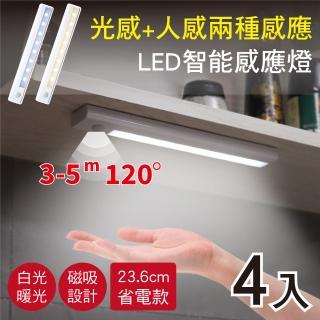 【新錸家居】4入限定破盤★智慧感應省電磁鐵吸LED居家照明燈-白/暖光(紅外線人體床邊長條燈管閱讀起夜露營)