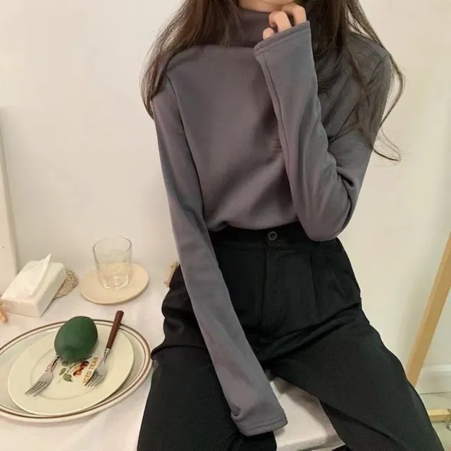 【D.studio】韓版半高領保暖薄內刷毛長袖上衣(女裝 衣服 長袖t恤 保暖上衣 冬裝 發熱衣 內刷毛 W321)