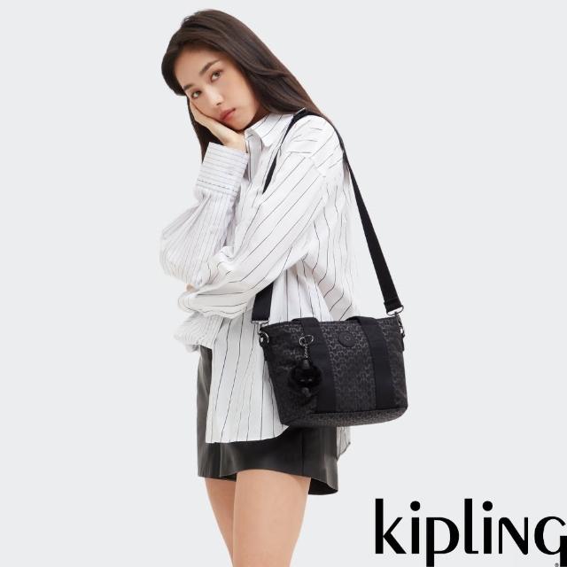 【KIPLING官方旗艦館】經典黑菱格紋印花大開口肩背包-MINTA
