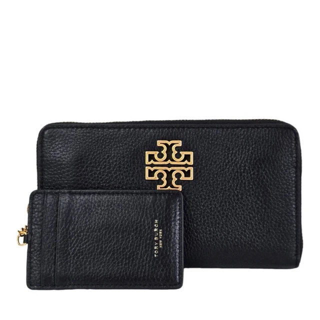 TORY BURCH Britten復古金框簍空LOGO荔枝紋小牛皮8卡拉鏈長夾附鍊帶卡夾(黑色/贈原廠紙袋)