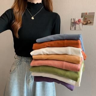【D.studio】韓版花邊半高領內搭長袖上衣(女裝衣服長袖t恤保暖上衣女裝秋冬女裝發熱衣高領內搭 W322)