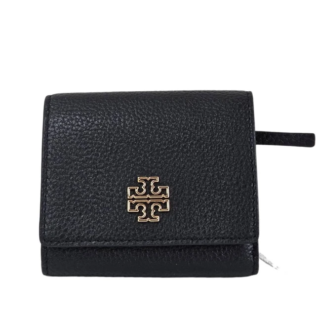 TORY BURCH TB Britten 金框簍空LOGO荔枝紋三折短夾(黑色/贈原廠紙袋)