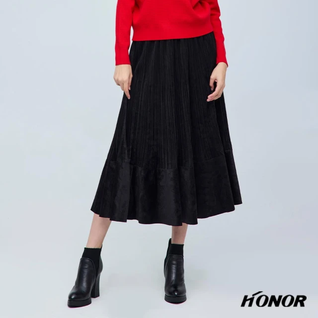 HONOR 山形屋 復古拼接緞光絲絨百褶裙-黑/紅棕