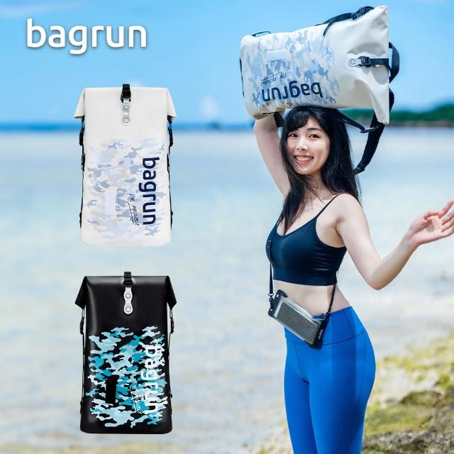 【Bagrun】潮流迷彩防水後背包 + 防水手機袋(機車騎士防水包 漂流袋 防雨包 水上活動後背包 完全防水包)