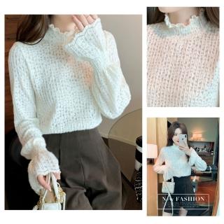 【AKARA】日系甜美蕾絲荷葉袖高領長袖上衣(秋冬 2XL可 高領 內搭 中大尺碼)