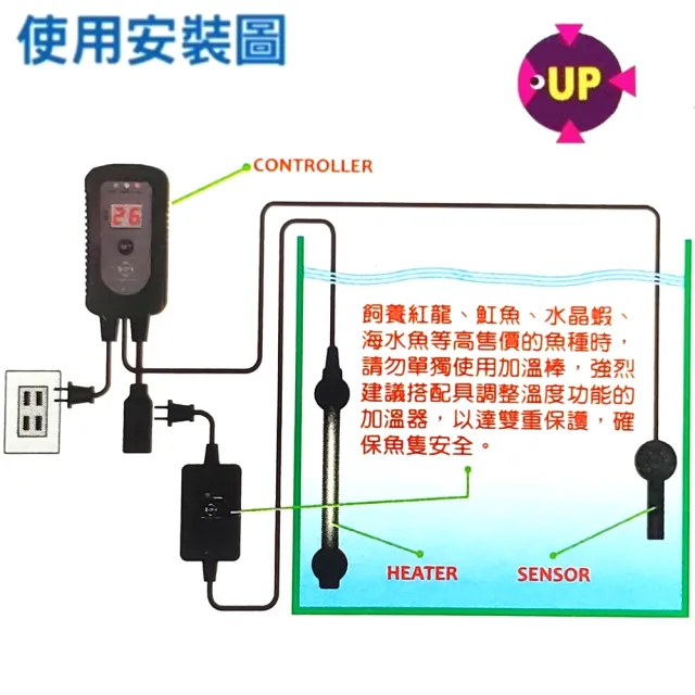 【UP 雅柏】單顯示微電腦控溫器 1000W+MR 450W回復式石英加溫管(魚缸溫度控制/雙感應器 D994+水回石450W)