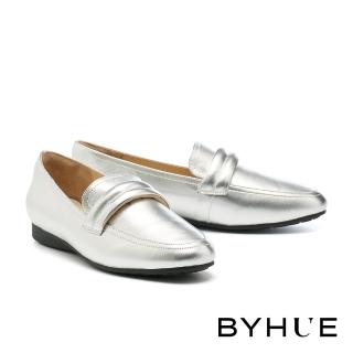【BYHUE】舒適百搭微澎寬帶牛皮軟芯樂福低跟鞋(銀)