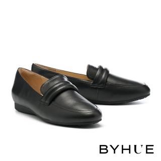 【BYHUE】舒適百搭微澎寬帶牛皮軟芯樂福低跟鞋(黑)