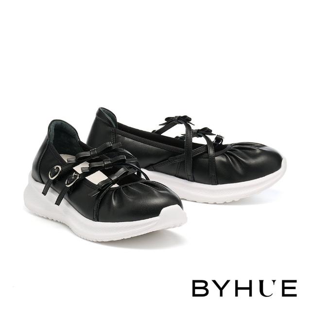 【BYHUE】純欲女孩蝴蝶結多繫帶瑪莉珍軟芯厚底休閒鞋(黑)