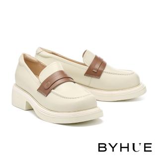 【BYHUE】簡約學院風撞色寬帶全真皮樂福軟芯厚底鞋(米白)