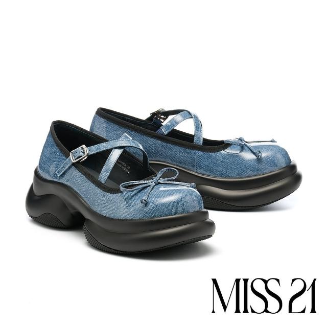 【MISS 21】甜酷風蝴蝶結交叉繫帶丹寧漆皮瑪莉珍大頭厚底鞋(藍)