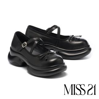 【MISS 21】甜酷風蝴蝶結交叉繫帶軟牛皮瑪莉珍大頭厚底鞋(黑)