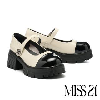 【MISS 21】個性少女拼接撞色魔鬼氈花花飾釦繫帶瑪莉珍厚底鞋(米白)