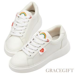 【Grace Gift】Care Bears聯名-樂觀小熊電繡彩虹輕量小白鞋(粉紅)