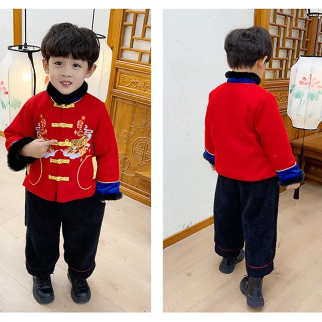 【橘魔法】雙老虎刺繡棉襖+九分褲(套裝 長袖上衣 褲子 拜年服 大紅 過年 新年 唐裝 中國風 保暖 男童)