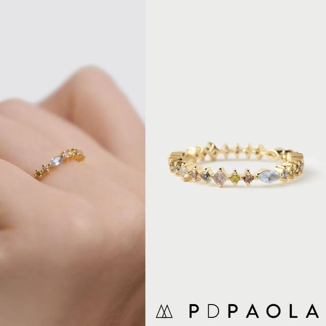 【PD PAOLA】西班牙時尚潮牌 七色彩寶戒指 優雅多墜金色戒指 LOTUS(925純銀鑲18K金)