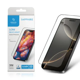 【iMos】iPhone 16 Pro 6.3吋 9M滿版黑邊RPF60低藍光螢幕保護貼(人造藍寶石)