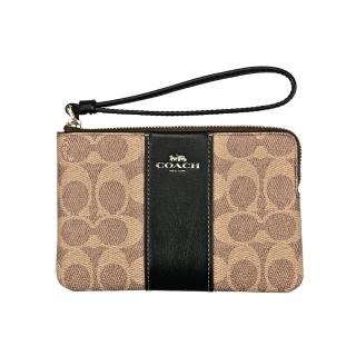 【COACH】C Logo PVC拼接皮革掛帶L型拉鍊萬用手拿包(黑/棕/卡其)