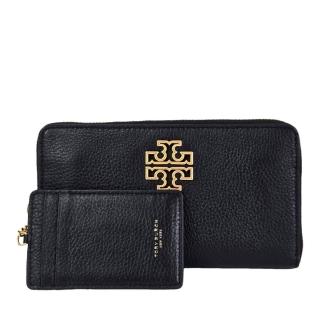 【TORY BURCH】Britten復古金框簍空LOGO荔枝紋小牛皮8卡拉鏈長夾附鍊帶卡夾(黑色/贈原廠紙袋)