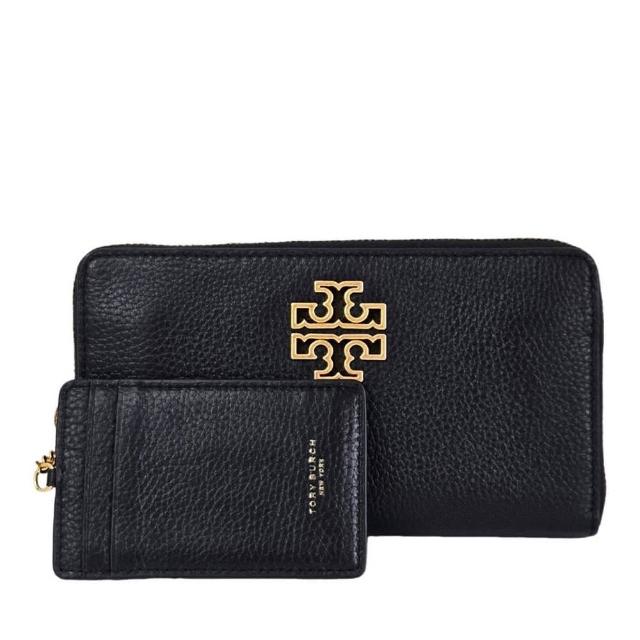 【TORY BURCH】Britten復古金框簍空LOGO荔枝紋小牛皮8卡拉鏈長夾附鍊帶卡夾(黑色/贈原廠紙袋)