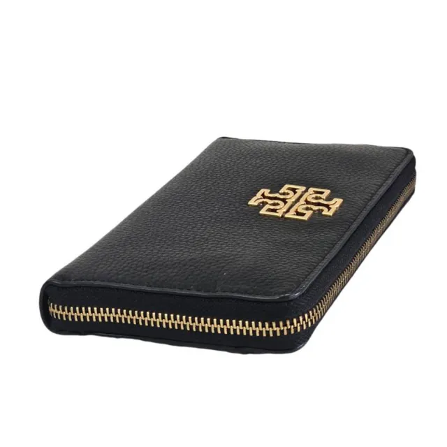 【TORY BURCH】Britten復古金框簍空LOGO荔枝紋小牛皮8卡拉鏈長夾附鍊帶卡夾(黑色/贈原廠紙袋)