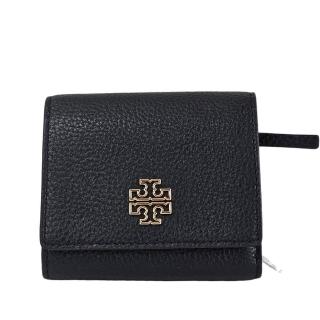 【TORY BURCH】TB Britten 金框簍空LOGO荔枝紋三折短夾(黑色/贈原廠紙袋母親節送禮)