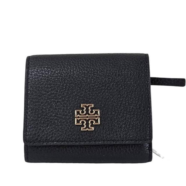 【TORY BURCH】TB Britten 金框簍空LOGO荔枝紋三折短夾(黑色/贈原廠紙袋送禮)