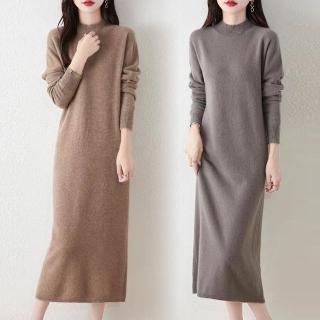 【LANNI 藍尼】★圓領長版針織洋裝連身裙(女裝/洋裝/套裝/長版上衣/連身裙)