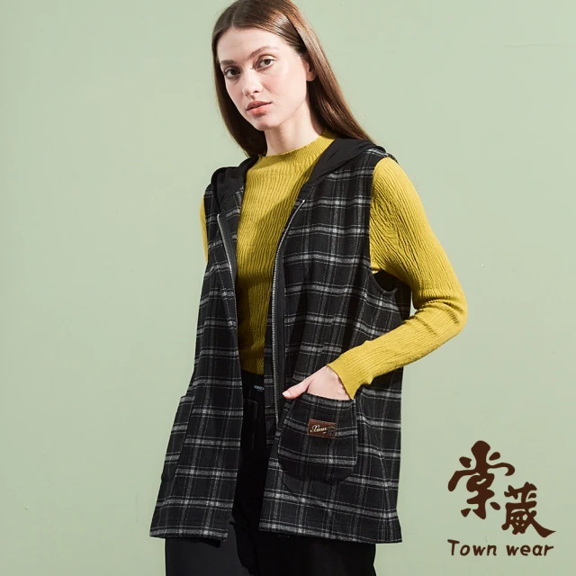 TOWN’WEAR 棠葳 復古格紋連帽羊毛背心外套(女上衣/女上著/口袋/格紋/滿版/拼接/拉鍊/無袖)