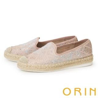 【ORIN】閃耀菱格燙鑽草編平底休閒鞋(粉色)