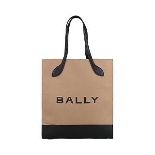 【BALLY】BALLY Bar經典黑字LOGO設計帆布拼接牛皮手提托特包(沙x黑)
