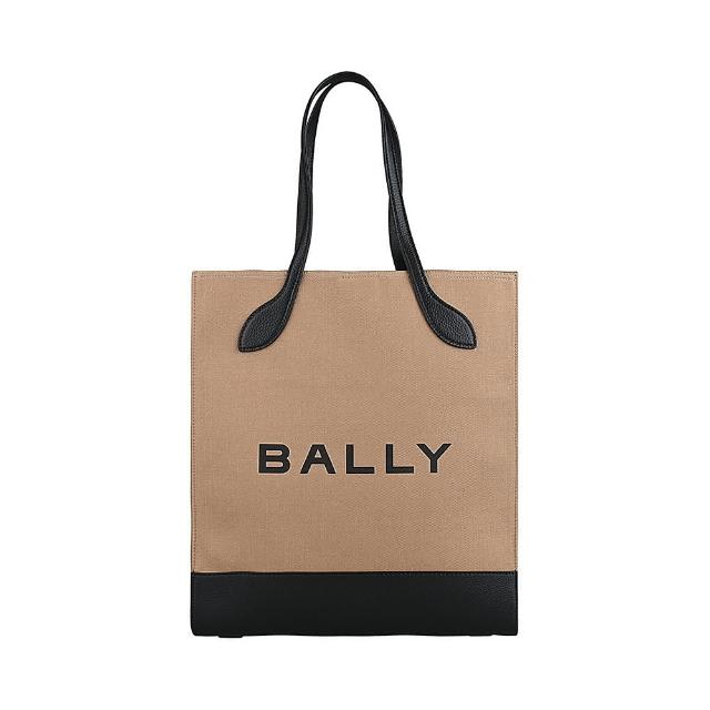 【BALLY】BALLY Bar經典黑字LOGO設計帆布拼接牛皮手提托特包(沙x黑)