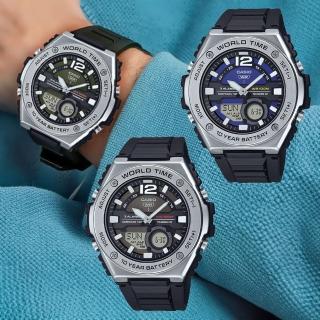 【CASIO 卡西歐】MWQ-100 世界時間 碼錶 金屬感 陽光芒圈 運動旅遊 高雅氣質大膽中性 指標錶 電子錶 手錶