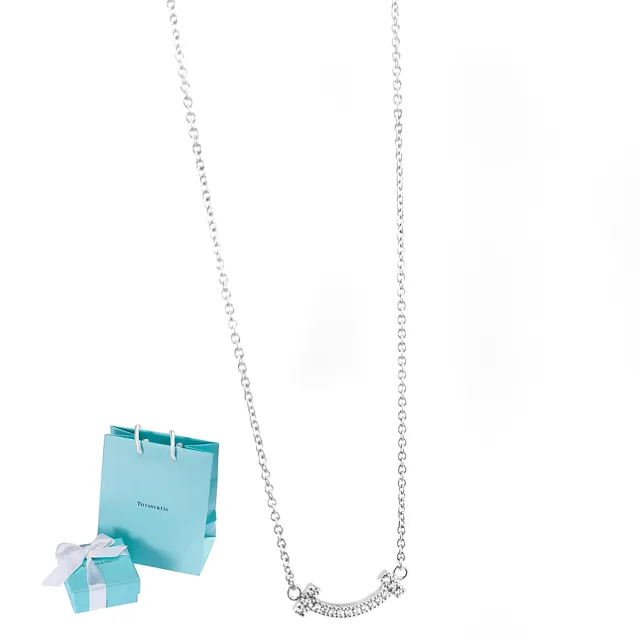 【Tiffany&Co. 蒂芙尼】18K白金-鑲16顆迷你鑽石 T Smile微笑墜飾項鍊(展示品)