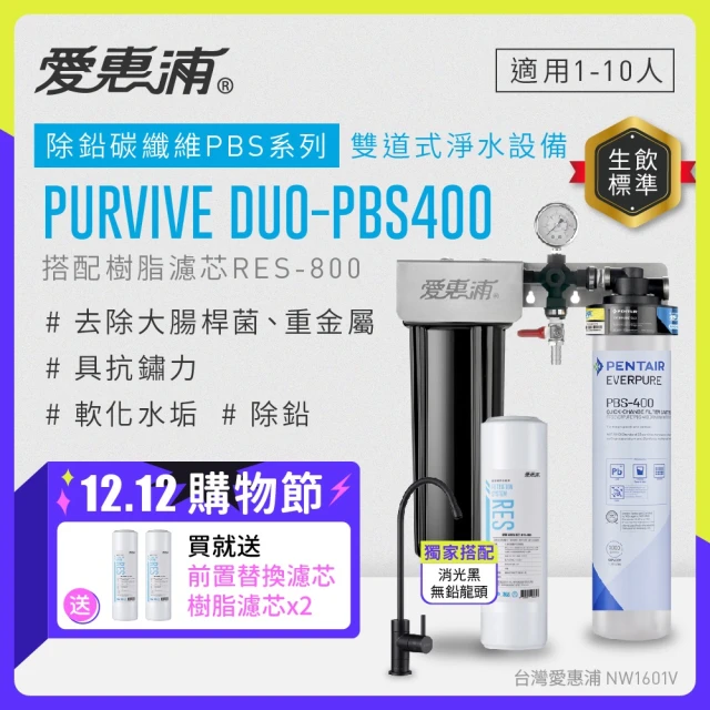 EVERPURE 愛惠浦 櫥下型 PURVIVE Duo-PBS400黑色無鉛龍頭兩道式生飲淨水器(前置樹脂)